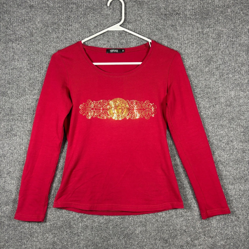 Vtg Y2K Versace Jeans Couture Womens M Red Medusa Rhinestone Long Sleeve Tee
